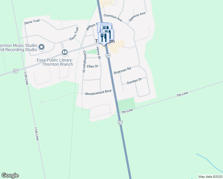map of restaurants, bars, coffee shops, grocery stores, and more near 317 Barrie Street in Thornton