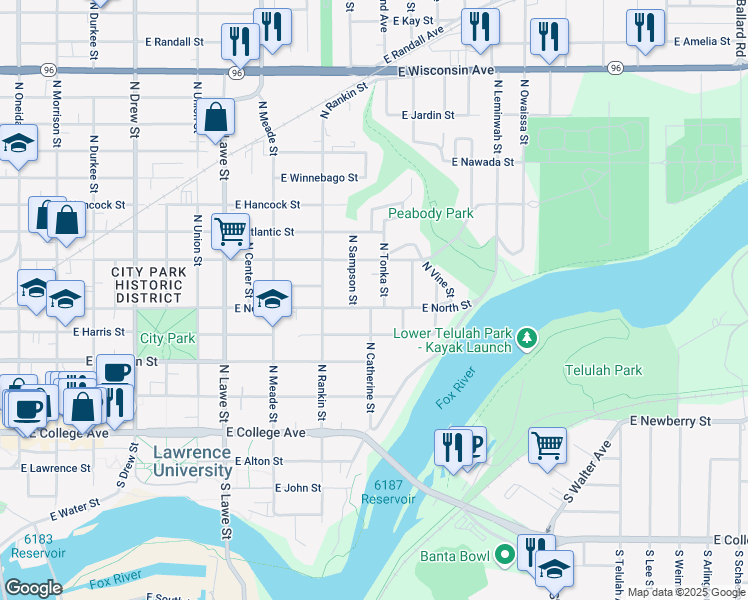 map of restaurants, bars, coffee shops, grocery stores, and more near 521 North Tonka Street in Appleton