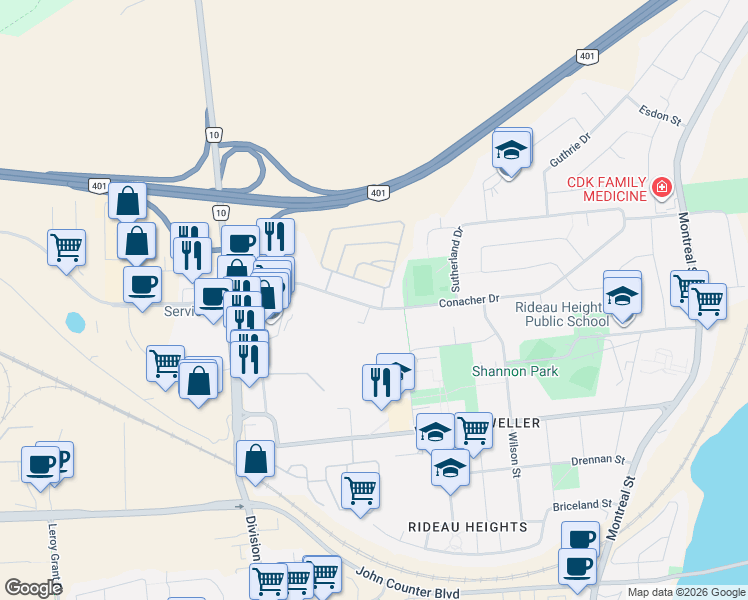 map of restaurants, bars, coffee shops, grocery stores, and more near 253 Conacher Drive in Kingston