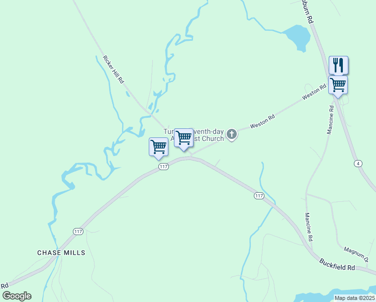 map of restaurants, bars, coffee shops, grocery stores, and more near 11 Ricker Hill Road in Turner
