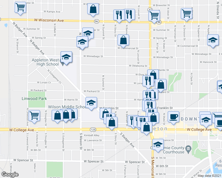 map of restaurants, bars, coffee shops, grocery stores, and more near 1025 West Lorain Street in Appleton