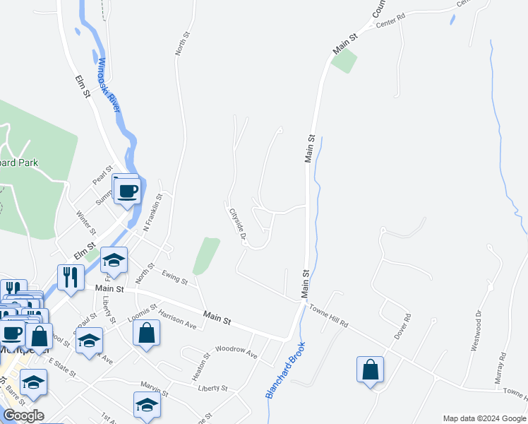 map of restaurants, bars, coffee shops, grocery stores, and more near 140 Murray Hill Drive in Montpelier
