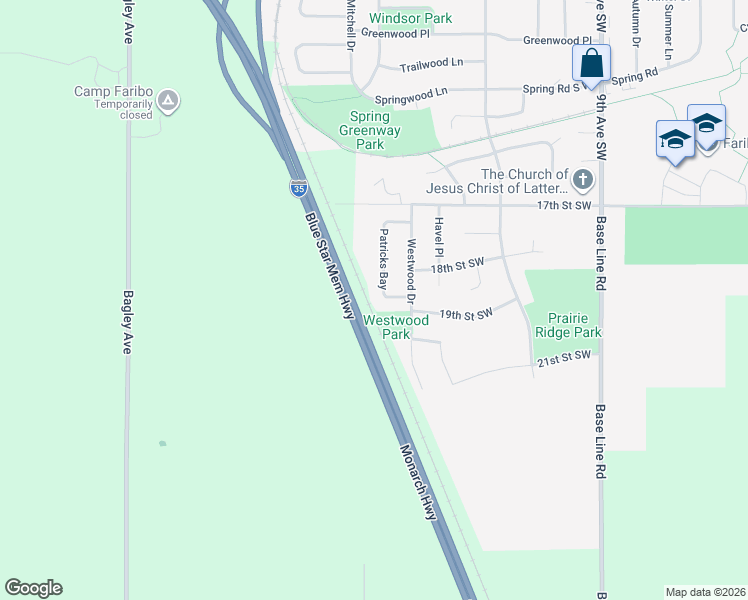 map of restaurants, bars, coffee shops, grocery stores, and more near 1836 Patricks Bay in Faribault