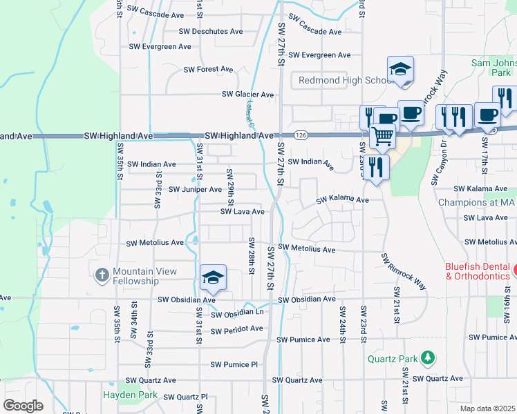map of restaurants, bars, coffee shops, grocery stores, and more near 2807 Southwest Lava Avenue in Redmond