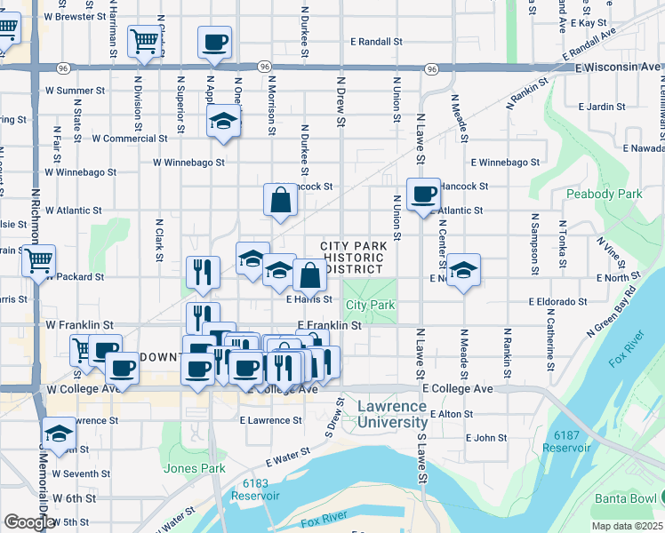 map of restaurants, bars, coffee shops, grocery stores, and more near 527 North Drew Street in Appleton