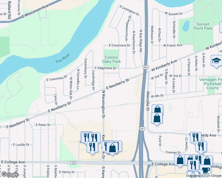 map of restaurants, bars, coffee shops, grocery stores, and more near 3411 East Newberry Street in Appleton