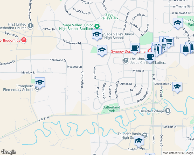 map of restaurants, bars, coffee shops, grocery stores, and more near 1104 Almon Circle in Gillette