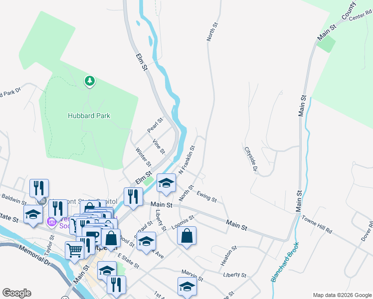 map of restaurants, bars, coffee shops, grocery stores, and more near 287 Elm Street in Montpelier