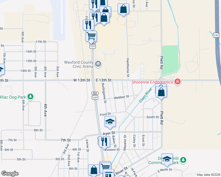 map of restaurants, bars, coffee shops, grocery stores, and more near 1201-1299 Manning Street in Cadillac