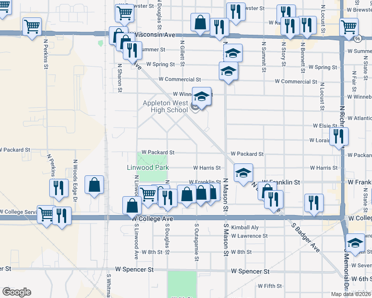 map of restaurants, bars, coffee shops, grocery stores, and more near 1429 West Lorain Court in Appleton