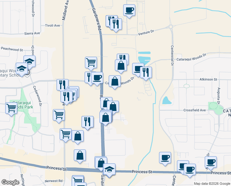 map of restaurants, bars, coffee shops, grocery stores, and more near 1150 Gardiners Road in Kingston