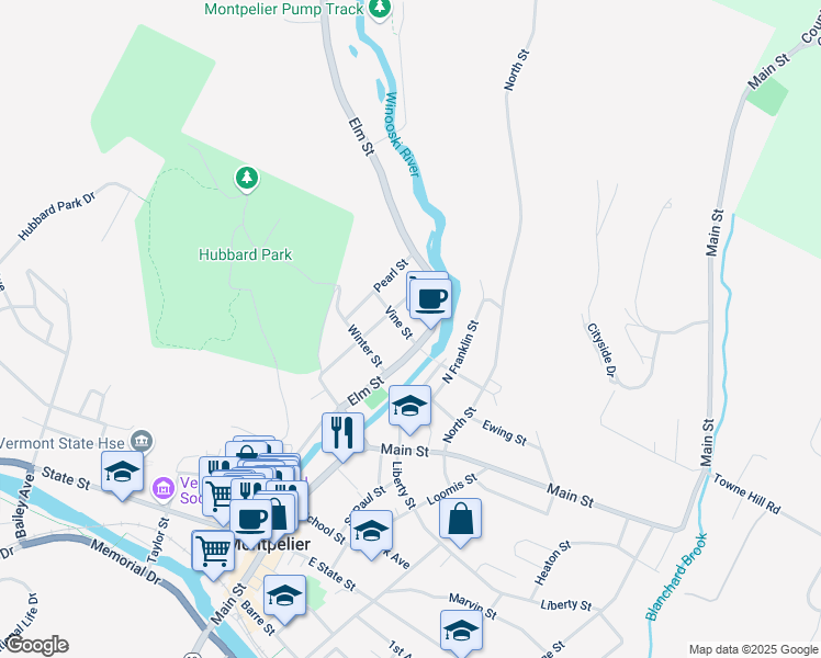 map of restaurants, bars, coffee shops, grocery stores, and more near 13 Vine Street in Montpelier