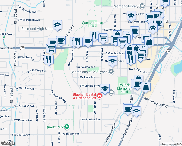 map of restaurants, bars, coffee shops, grocery stores, and more near 1714 Southwest Kalama Avenue in Redmond