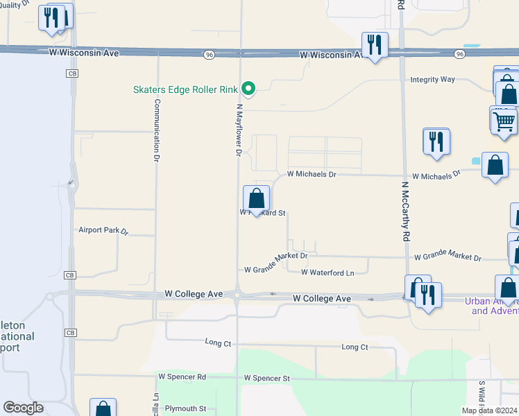 map of restaurants, bars, coffee shops, grocery stores, and more near 5734 Packard Street in Appleton