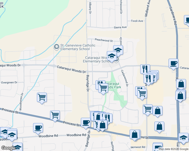 map of restaurants, bars, coffee shops, grocery stores, and more near 829 Cataraqui Woods Drive in Kingston