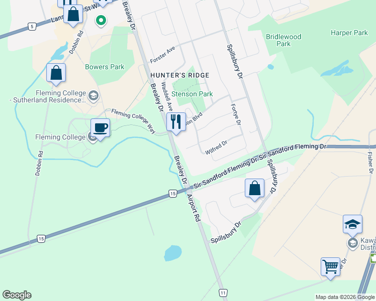 map of restaurants, bars, coffee shops, grocery stores, and more near 555 Wilfred Drive in Peterborough
