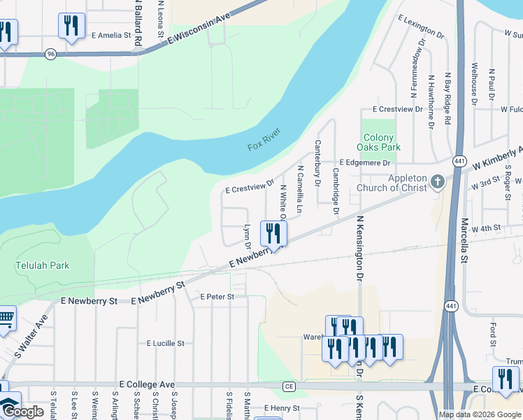 map of restaurants, bars, coffee shops, grocery stores, and more near 77 Lynn Drive in Appleton