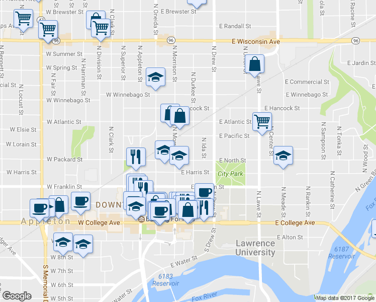 map of restaurants, bars, coffee shops, grocery stores, and more near 526 North Durkee Street in Appleton