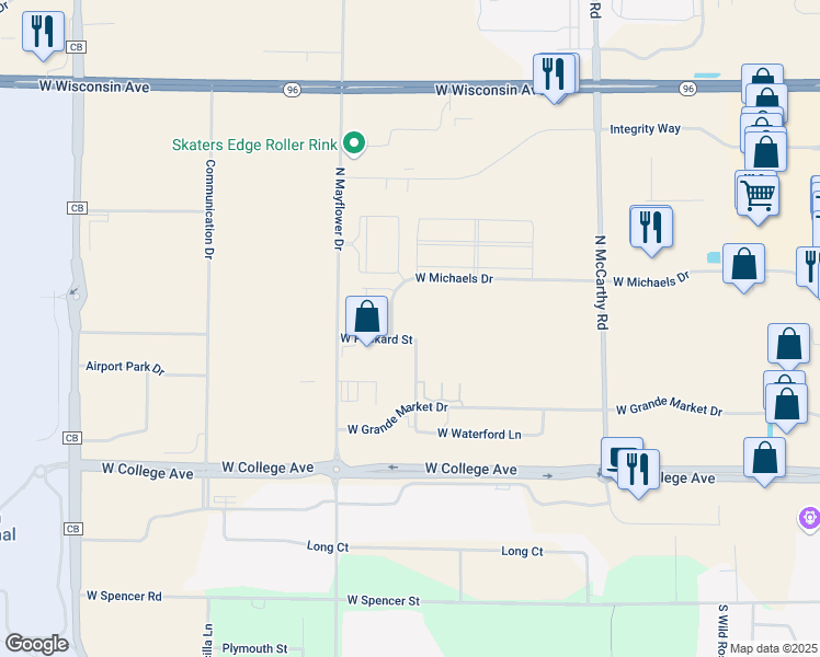 map of restaurants, bars, coffee shops, grocery stores, and more near 602 North Waldoch Drive in Appleton