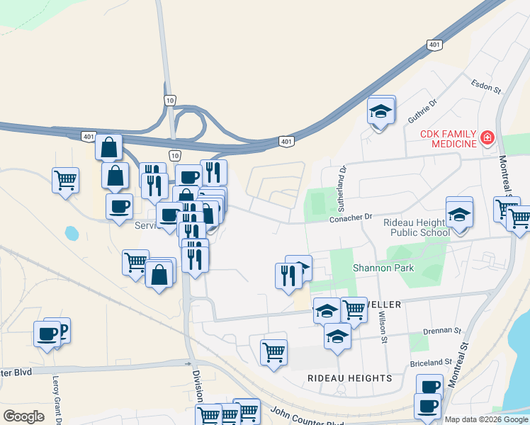 map of restaurants, bars, coffee shops, grocery stores, and more near 273 Conacher Drive in Kingston