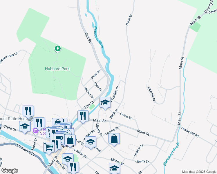 map of restaurants, bars, coffee shops, grocery stores, and more near 287 Elm Street in Montpelier