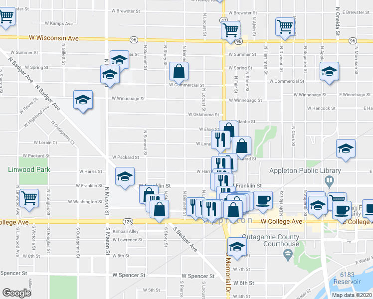 map of restaurants, bars, coffee shops, grocery stores, and more near 516 North Bennett Street in Appleton