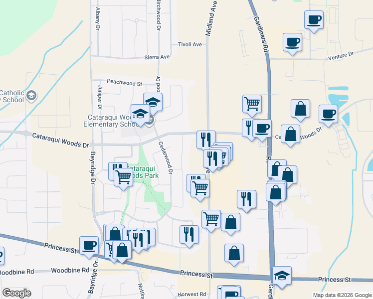 map of restaurants, bars, coffee shops, grocery stores, and more near 1129 Bittersweet Place in Kingston