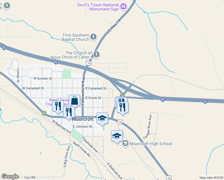 map of restaurants, bars, coffee shops, grocery stores, and more near 320 Platte Avenue in Moorcroft