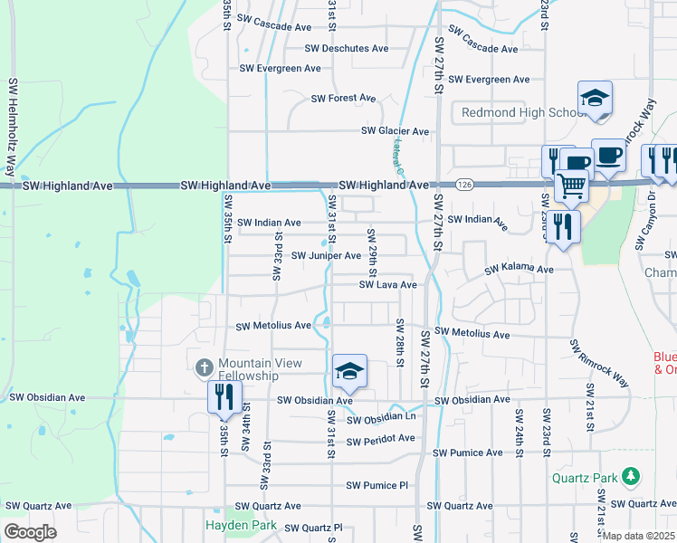 map of restaurants, bars, coffee shops, grocery stores, and more near 1048 Southwest 31st Street in Redmond