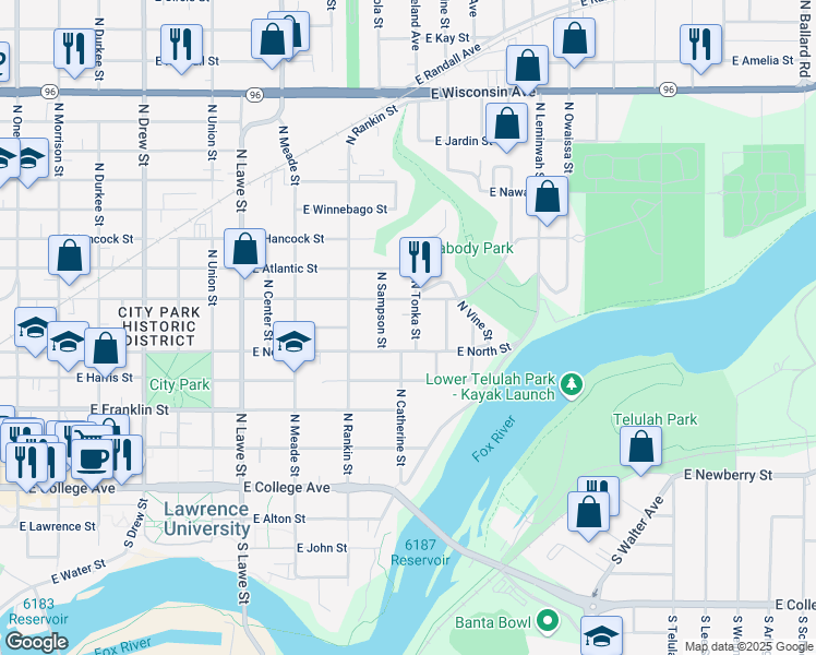 map of restaurants, bars, coffee shops, grocery stores, and more near 521 North Tonka Street in Appleton