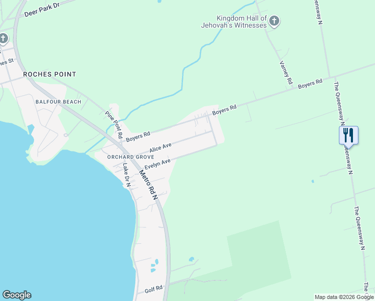 map of restaurants, bars, coffee shops, grocery stores, and more near 44 A Evelyn Avenue in Georgina
