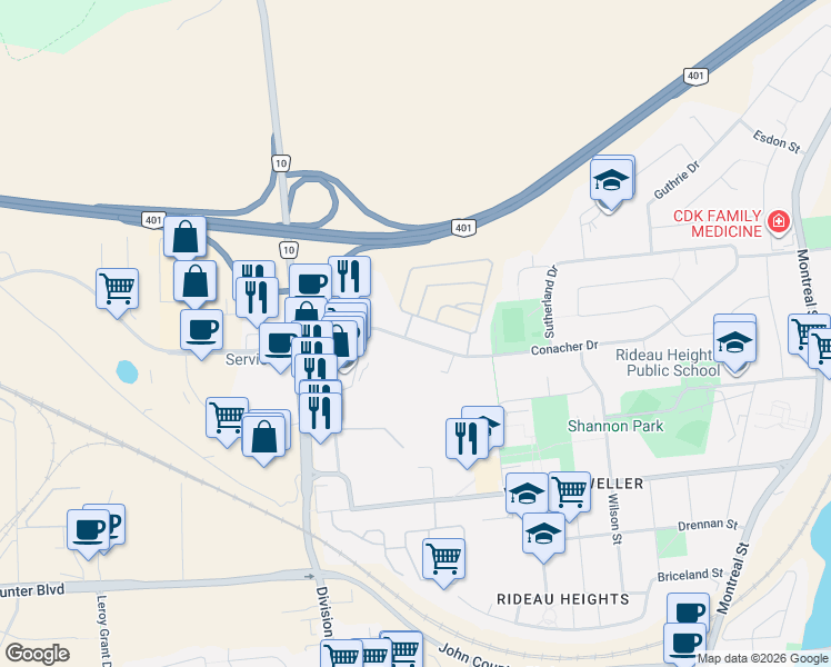 map of restaurants, bars, coffee shops, grocery stores, and more near 303 Conacher Drive in Kingston