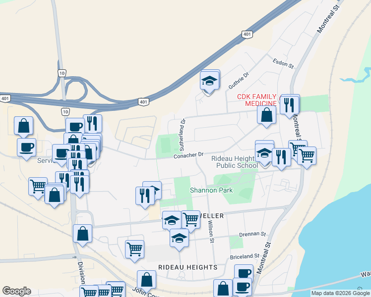 map of restaurants, bars, coffee shops, grocery stores, and more near 342 Sutherland Drive in Kingston