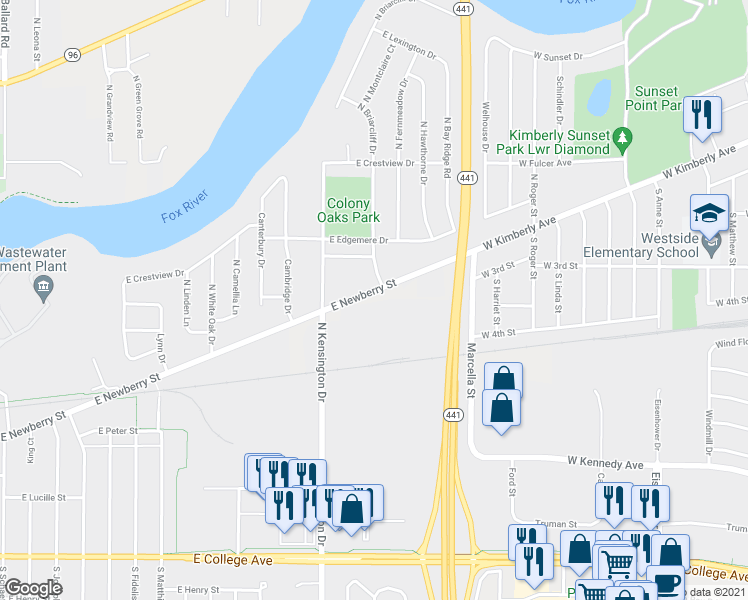 map of restaurants, bars, coffee shops, grocery stores, and more near W3393 East Newberry Street in Appleton