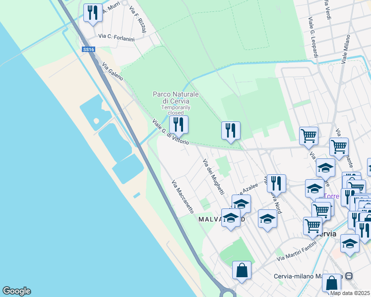 map of restaurants, bars, coffee shops, grocery stores, and more near 2 Via dei Tulipani in Cervia