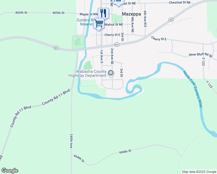 map of restaurants, bars, coffee shops, grocery stores, and more near 174 Summit Street South East in Mazeppa
