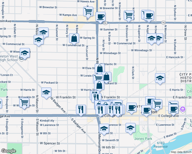 map of restaurants, bars, coffee shops, grocery stores, and more near 525 North Richmond Street in Appleton