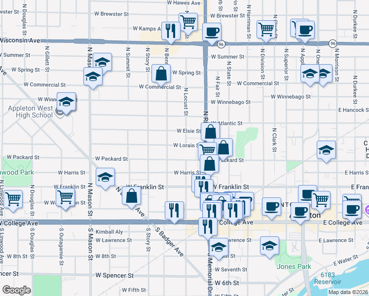 map of restaurants, bars, coffee shops, grocery stores, and more near 741 West Lorain Street in Appleton
