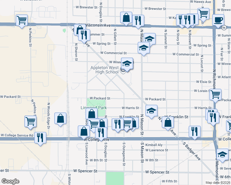map of restaurants, bars, coffee shops, grocery stores, and more near 1429 West Lorain Court in Appleton