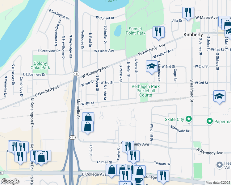 map of restaurants, bars, coffee shops, grocery stores, and more near 331 South Karlyn Street in Kimberly