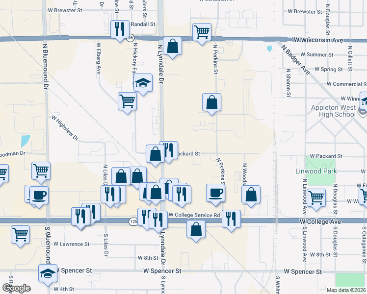 map of restaurants, bars, coffee shops, grocery stores, and more near 306 North Lynndale Drive in Appleton