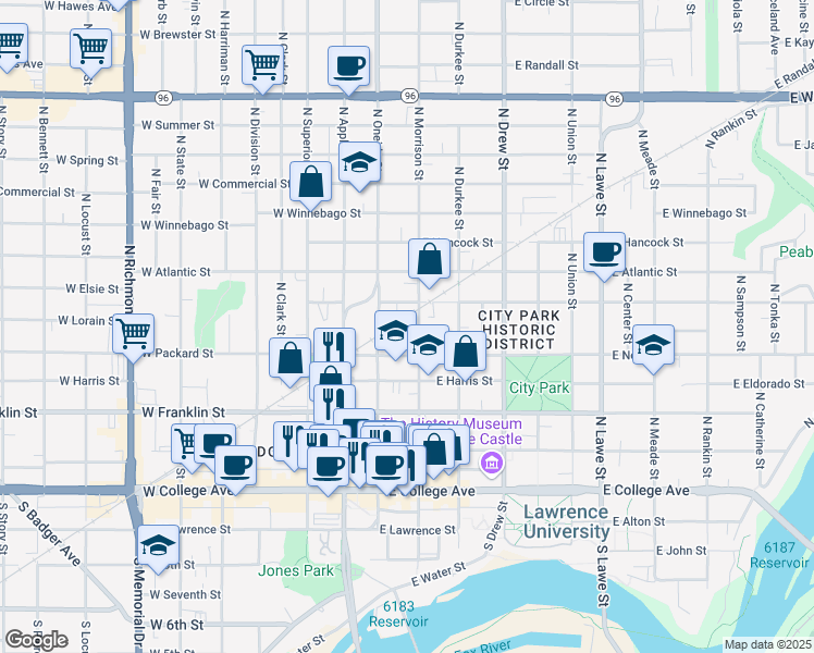 map of restaurants, bars, coffee shops, grocery stores, and more near 531 North Morrison Street in Appleton