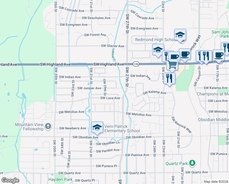 map of restaurants, bars, coffee shops, grocery stores, and more near 2852 Southwest Juniper Avenue in Redmond
