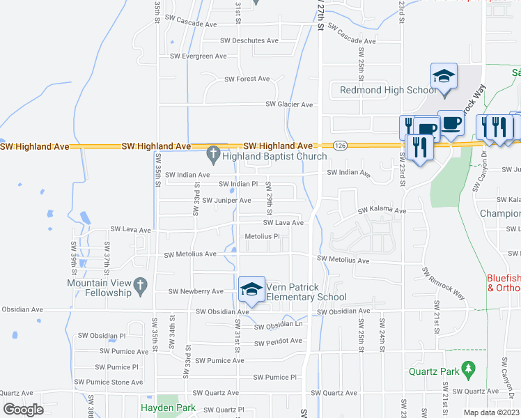 map of restaurants, bars, coffee shops, grocery stores, and more near 2966 Southwest Juniper Avenue in Redmond