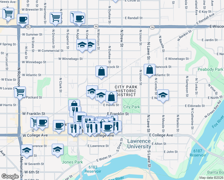 map of restaurants, bars, coffee shops, grocery stores, and more near 526 North Durkee Street in Appleton