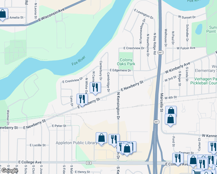 map of restaurants, bars, coffee shops, grocery stores, and more near 3001 Cardinal Place in Appleton