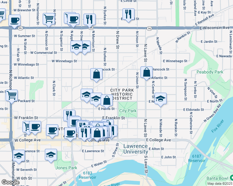 map of restaurants, bars, coffee shops, grocery stores, and more near 527 North Drew Street in Appleton