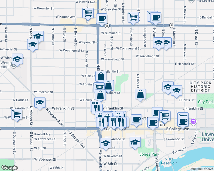 map of restaurants, bars, coffee shops, grocery stores, and more near 533 1/2 North State Street in Appleton