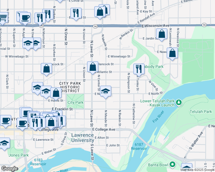 map of restaurants, bars, coffee shops, grocery stores, and more near 526 North Meade Street in Appleton