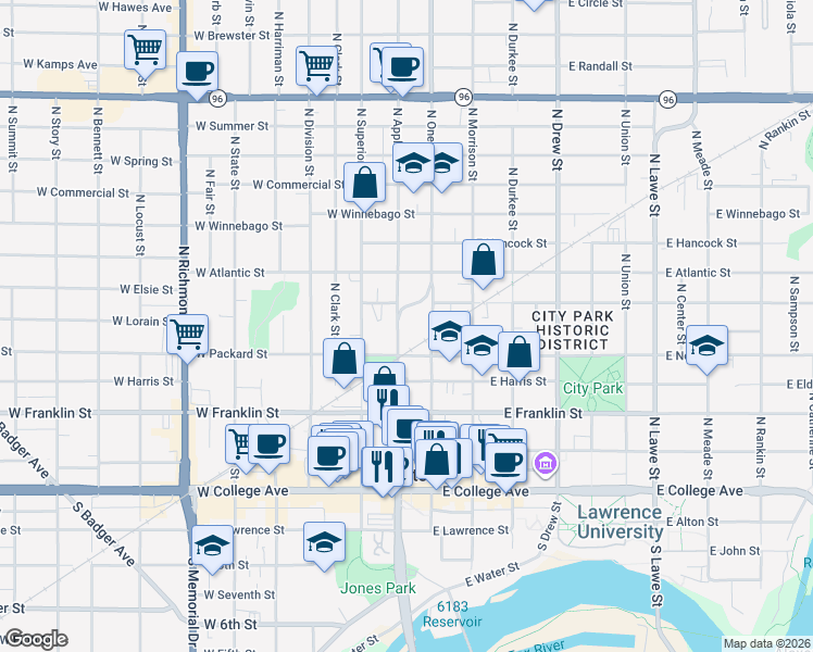map of restaurants, bars, coffee shops, grocery stores, and more near 532 North Appleton Street in Appleton